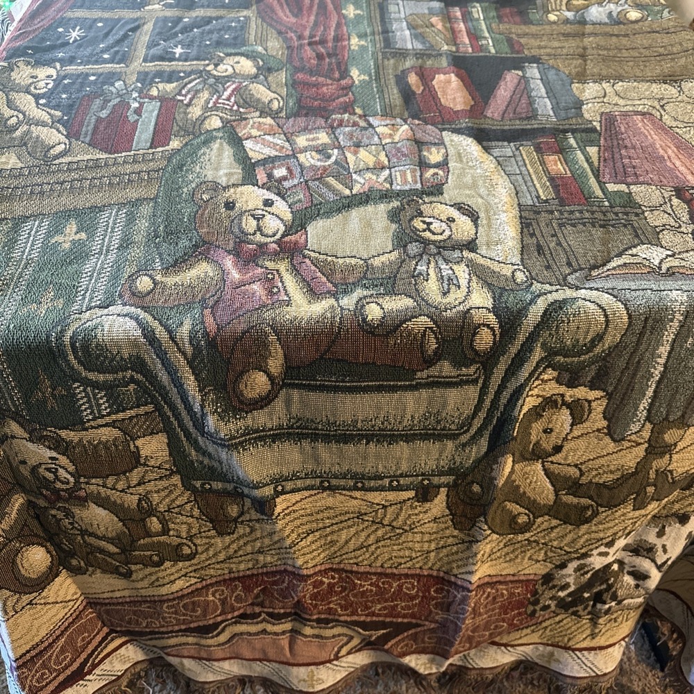 Vtg The Bears Den Lg Christmas Tapestry Teddy Bears Moon Stars Dalmatian Throw